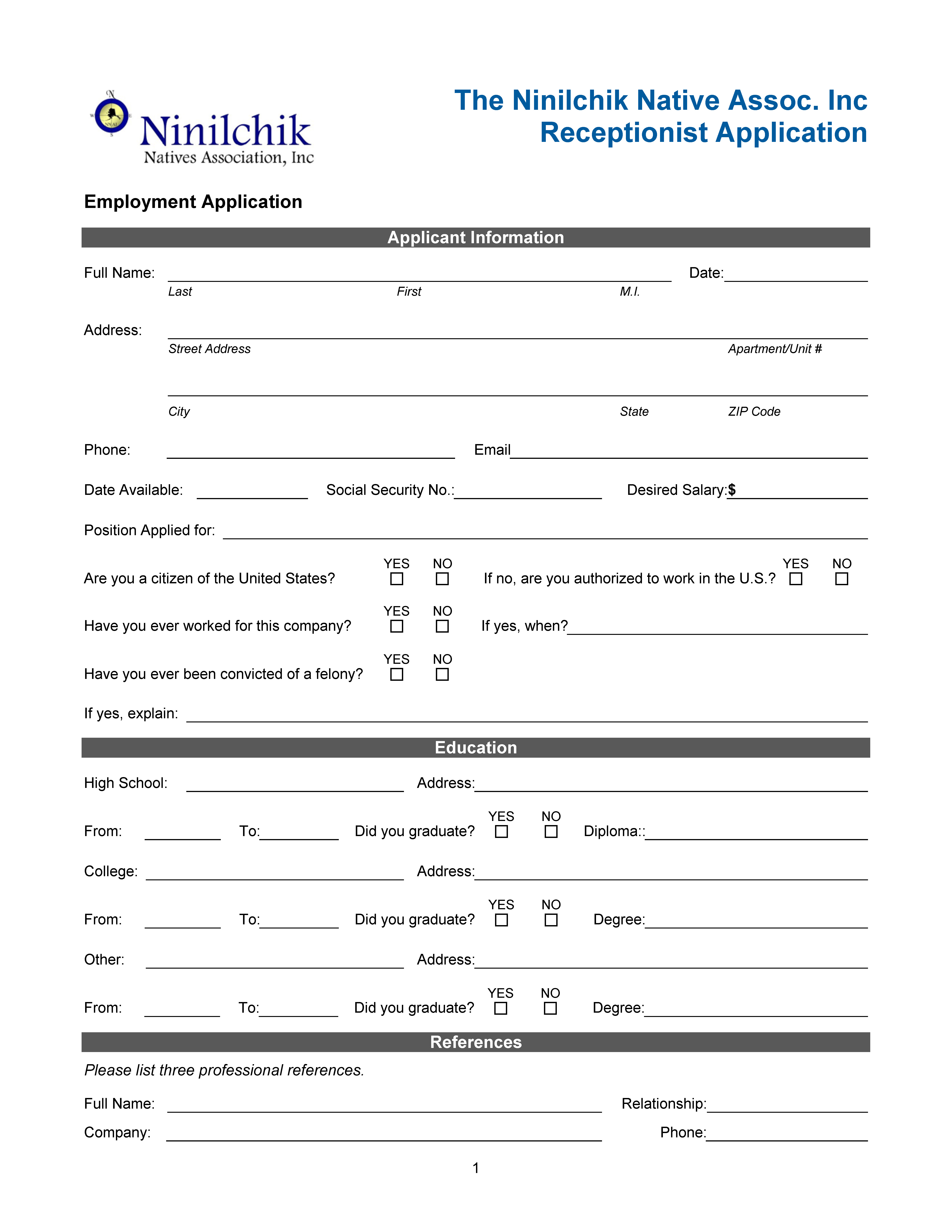 Receptionist Job Application_Page_1 Ninilchik Native Association, Inc